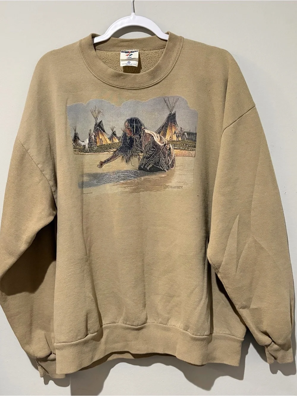 Vintage-Inspired Tan Graphic Sweatshirt - Native American Heritage